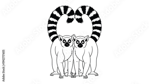 Two Ring-Tailed Lemurs' Affectionate Embrace: Two ring-tailed lemurs huddle together, their striped tails forming a heart, against a minimalist background, demonstrating an intimate bond of kinship. 