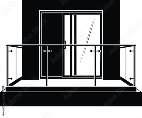 Black and white of a modern balcony with glass railing and sliding doors