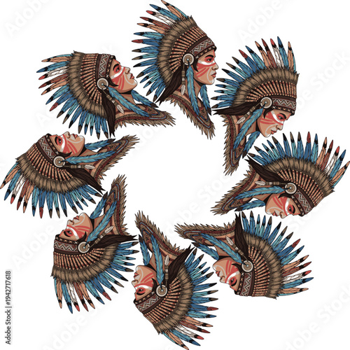  Native American Chief Feather Headdress Heads Circular Tribal Pattern Illustration