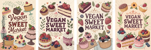 Vibrant vegan sweet market illustrations featuring desserts and fruits.