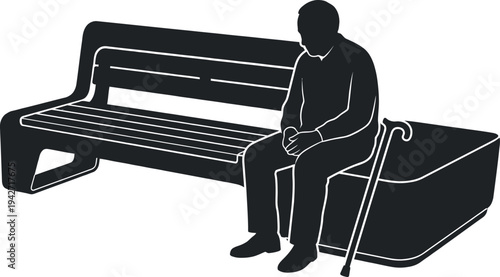 Elderly man with cane sitting on a dark modern park bench with a planter on a white background