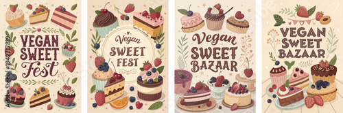 Colorful vegan dessert illustrations for Sweet Fest and Bazaar events.