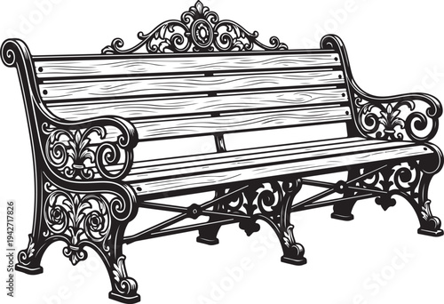 Ornate black cast iron park bench with detailed scrolling and wooden slats on white Keywords: park