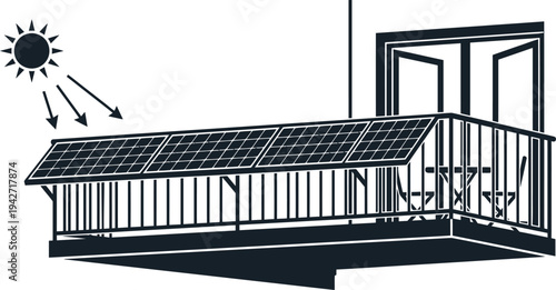 Silhouette of a Balcony with Solar Panels and Sun Rays Indicating Renewable Energy Generation