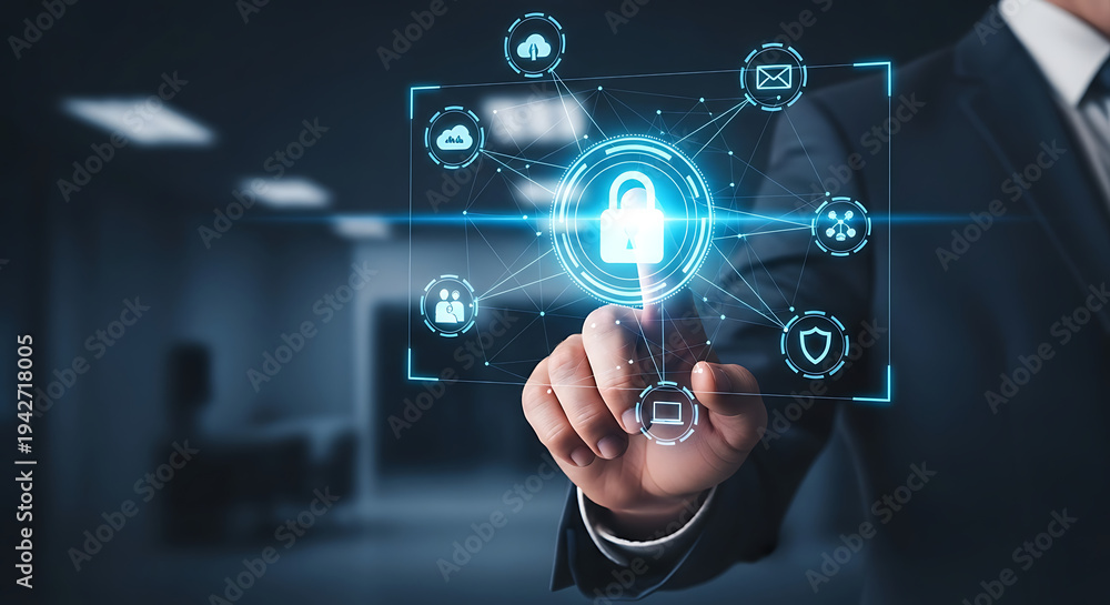 Fototapeta premium Businessman hand pressing a virtual digital button on a futuristic touch screen interface for global network communication technology