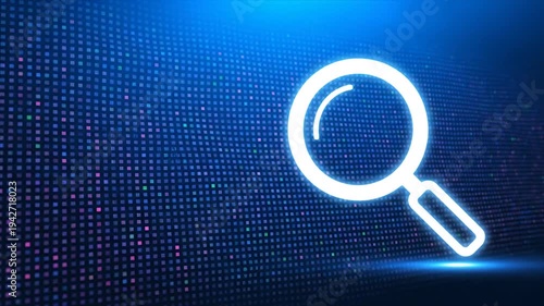 Digital magnifying glass searching data in futuristic blue binary code background
