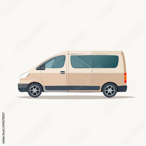 Beige and white minivan parked on a plain white background, suitable for transport themes