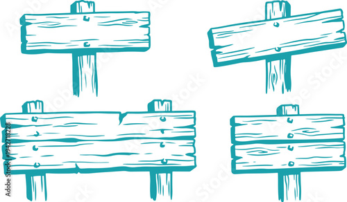 Hand Drawn Wooden Signboard Set Vector Illustration, Rustic Wood Direction Sign Sketch Collection.
