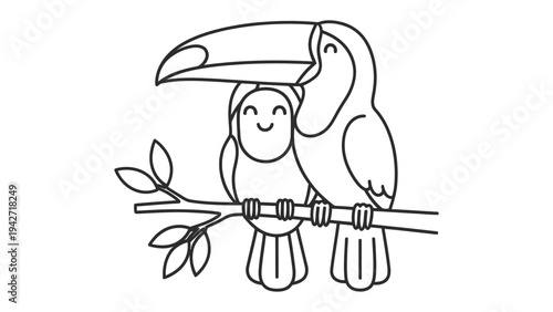 Toucans on a Branch: Adorable toucans sit harmoniously on a tree branch. capturing the bond of the two toucans