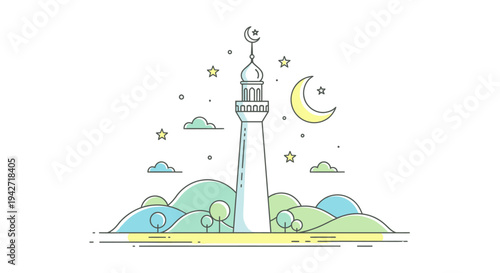 Modern line art illustration of a minaret with crescent moon and stars, symbolizing Islamic architecture, culture, and religious holidays.