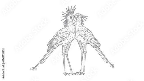 Elegant Secretary Birds in Monochrome Embrace: A graceful illustration portrays two secretary birds in an intimate moment, their long legs and distinct crests creating a striking visual contrast.