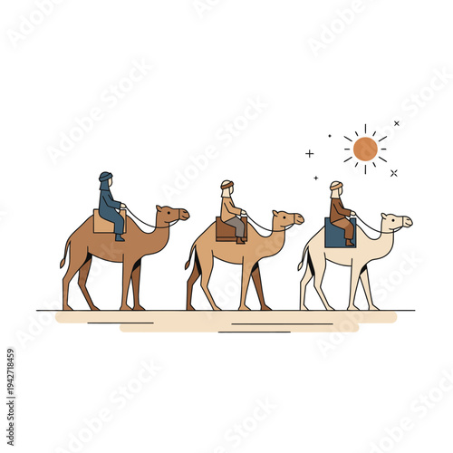 Three Wise Men Riding Camels in Desert Landscape.