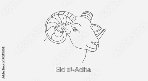Line Art Illustration of a Ram's Head with Curved Horns, Symbolizing Eid al-Adha Religious Festival Celebration