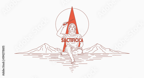 Spiritual woman ritual line art illustration in red and white. Contemplative female figure with feather, mountains, and sun.