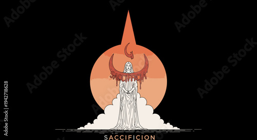 Mystical ritual sacrifice illustration with a shadowy figure and dripping blood against an occult sun symbol on a dark background