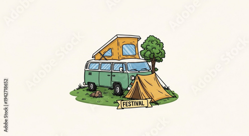 Colorful illustration of a green camper van with orange roof and tent for festival camping in nature