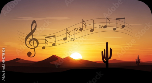 Musical notes float above a desert landscape at sunset with cacti and mountains