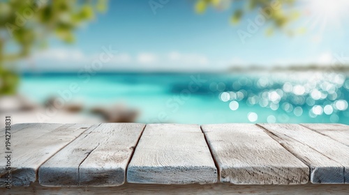 wooden table on the beach with bright blue ocean beach in tropic holiday environement background