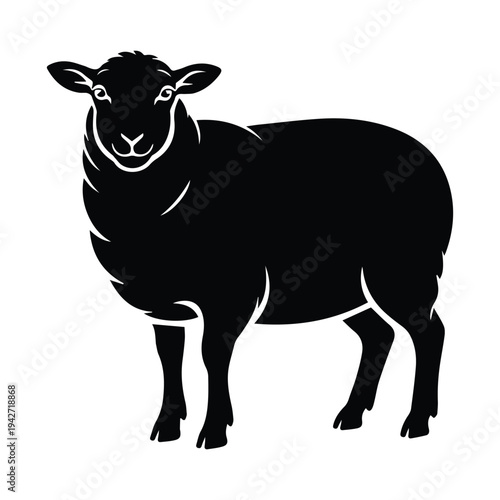 Black sheep standing alone in stark white background
