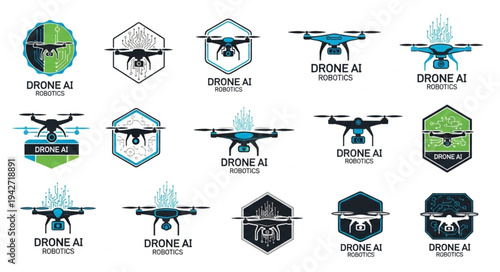 Collection of drone AI logo designs with futuristic elements.