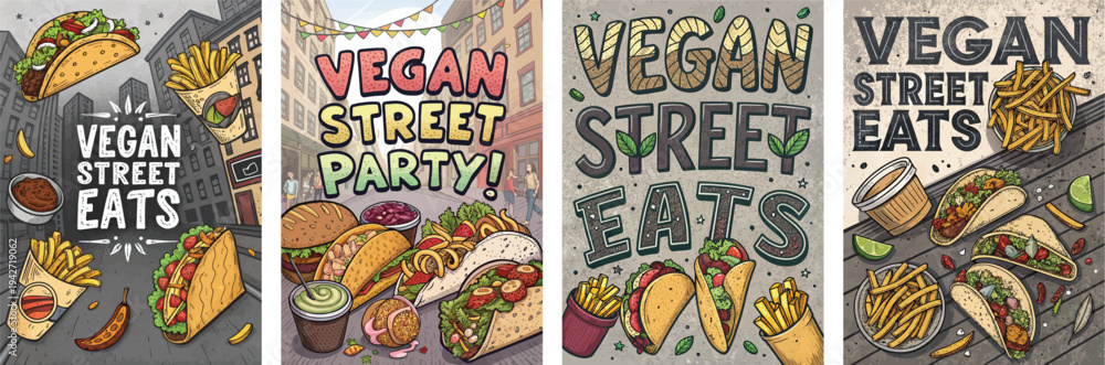 Obraz premium Colorful illustrations of vegan street food, featuring tacos, fries, and desserts.