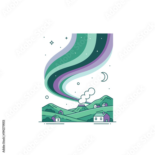 Northern Lights Over Cozy Village Landscape.