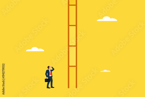 Man Looking At Tall Ladder