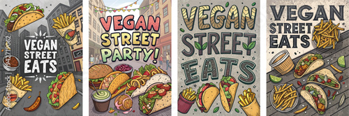 Colorful illustrations of vegan street food, featuring tacos, fries, and desserts.