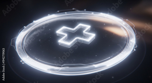 Glowing white cross symbol on a transparent circle with light effects on a dark background futuristic technology concept