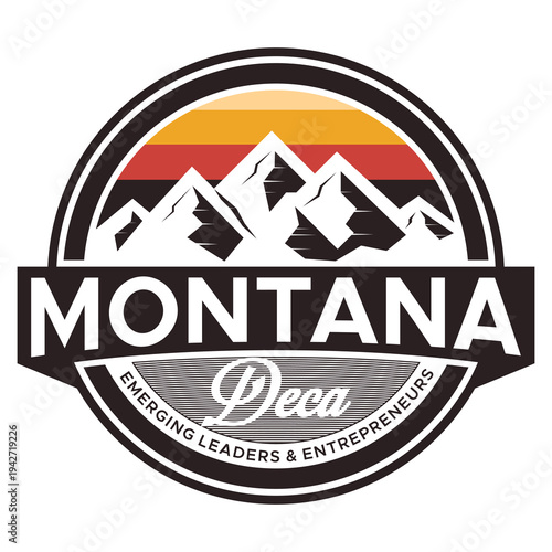 Montana DECA logo with mountains and sunset, representing emerging leaders and entrepreneurs in business and education.