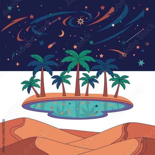 Oasis Island Paradise with Palm Trees Under Starry Sky.