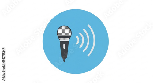 Microphone icon with sound waves on blue background for podcasting voice recording or public speaking