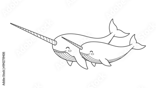 Whimsical Narwhals' Family: A heartwarming illustration of two adorable narwhals, one larger and the other smaller, playfully embracing, their whimsical smiles radiate joy and tenderness.