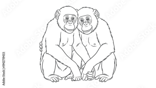 Chimpanzee Companionship: Two endearing chimpanzees share a moment of tender affection, their bond captured in this evocative line art.