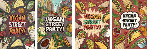 Vibrant vegan street party posters featuring colorful food illustrations.