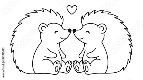Two Hedgehog Friends in Love: A charming outline illustration of two cute hedgehogs nuzzling noses beneath a tiny heart, symbolizing affection and gentle friendship.