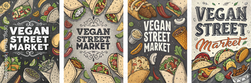 Colorful vegan street market illustrations featuring diverse plant-based dishes.