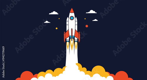 Space shuttle rocket launches into the atmosphere with fire and smoke trails against a dark starry sky background with clouds.