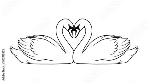 Swan Love in Silhouette: Two elegant swans form a perfect heart shape with their graceful necks, symbolizing enduring love and unity in a striking black and white illustration.