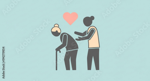Caring woman assisting elderly person with cane symbolizing love support and kindness in healthcare