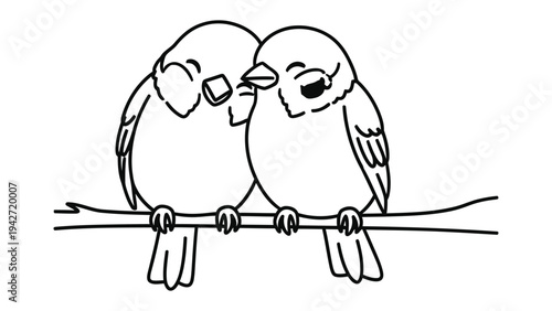 Two Lovebirds on a Branch: A charming line art illustration depicts two adorable birds perched together on a branch, sharing a tender moment.