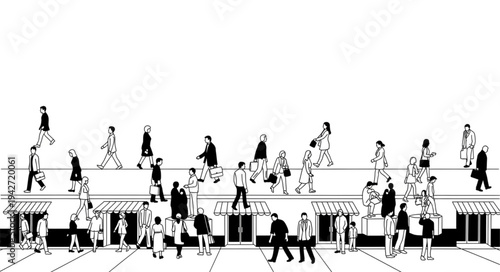 Crowd of people walking in a busy city street illustration.