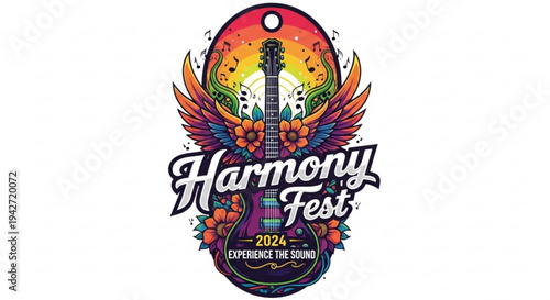 Vibrant harmony fest 2024 logo with guitar wings and floral elements on white background
