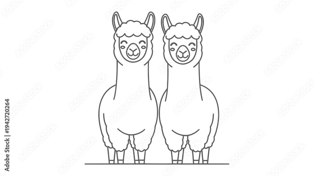 Naklejka premium Adorable Alpaca Duo: A charming illustration depicts two friendly alpacas, standing side-by-side, radiating warmth and friendliness, with detailed line art, simplicity, and delightful character.