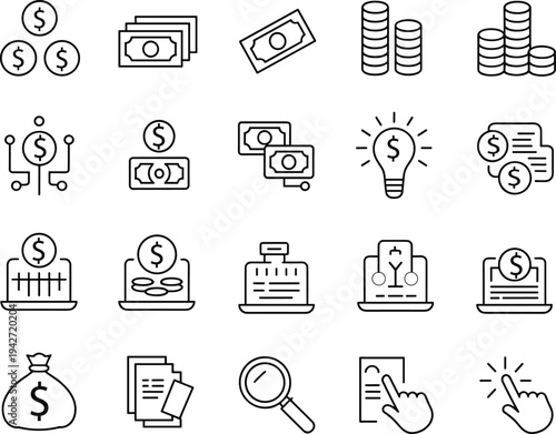 Set of black and white representing money, finance, and business concepts cash