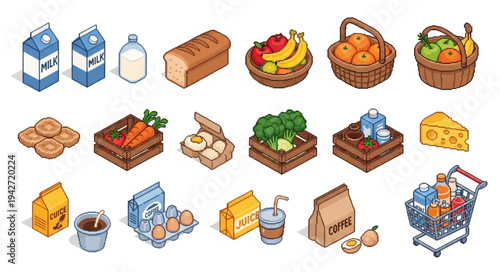 Grocery Items and Shopping Icons.