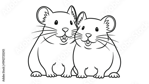 Hamster Buddies Coloring Page: Line art illustration of two cute hamsters side-by-side, perfect for a coloring page project for kids and adults.