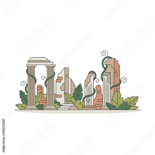 Ancient Greek Ruins with Overgrown Vegetation.