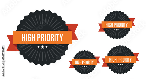 High priority label designs with orange ribbons and stars are used for marking urgent tasks and important documents in projects.