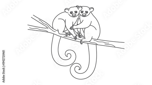 Sweet Pair of Bushbabies: Two adorable bushbabies sharing an intimate moment, their eyes locked as they cling to a tree branch, creating a heartwarming scene. 